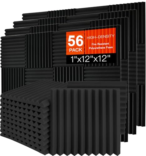 56 Pack Acoustic Foam Panels 1" x 12"x 12" Saiqiang Sound Proof Panels Black Soundproofing for Wall Fire Resistant Wedges Insulation Noise Absorbing for Office Home Studio