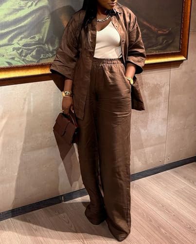 Voghtic 2 Piece Outfits For Women Lounge Sets 3/4 Sleeve Button Down Shirts And Wide Leg Pants Sets4