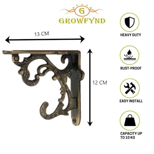 Image of Metal Handcrafted Shelf Bracket for Floating Shelves L Angle Decorative L Shaped Corner Brace Joint Heavy Duty Wall Mounted Shelf Supporter Corner Brace Holder (Brass Antique, Pack of 4)