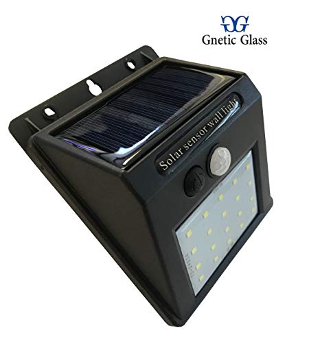 Gnetic Glass Luz Foco Solar Exterior con Sensor de Movimiento 20 LED 8W Luz Blanca Fría 6500K Impermeable IP65 Inalámbrico 3 Modos Iluminación Gran Ángulo 120? / 12x10x8cm