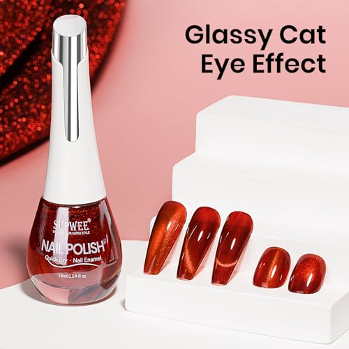 SUPWEE Czerwony magnetyczny lakier do paznokci, 16 ml, szybkoschnący, błyszczący lakier do paznokci z magnesem, holograficzny błyszczący lakier do paznokci, bez lampy UV, "zrób to sam", dla kobiet i