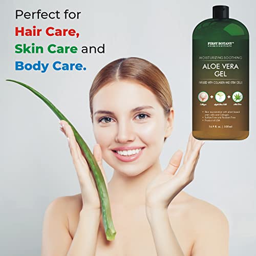 Pure Aloe Vera Gel - With 100% Fresh & Pure Aloe Infused With Stem Cells, Collagen, Tea Tree Oil - Natural Raw Moisturizer For Face, Skin, Body, Hair. Perfect For Sunburn, Acne, Razor Bumps 16.9 Fl Oz #TOP4
