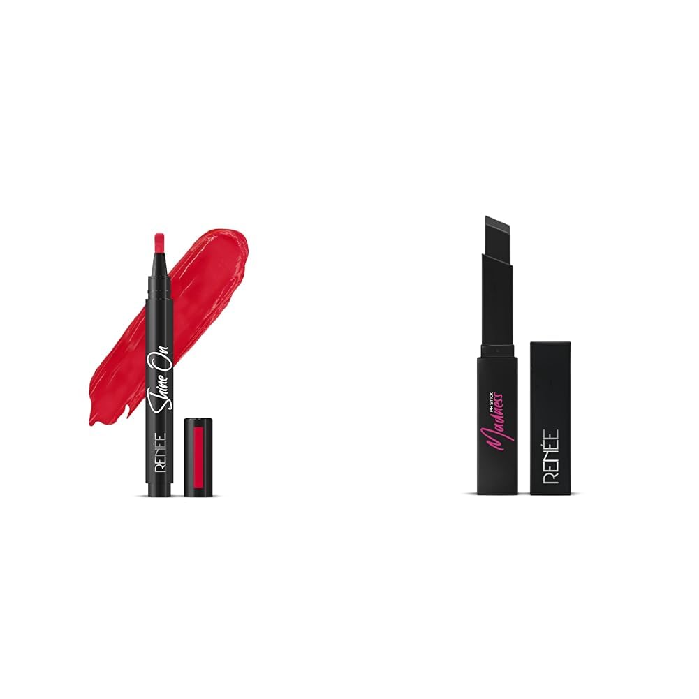 RENEE Shine On Lip Lacquer Scarlet Spark 1.8Ml| Long Lasting, Lightweight, Non Drying & Non Sticky| High Glossy, Intense Color & Glassy Shine & Madness Ph High-Glossy Lipstick 3Gm