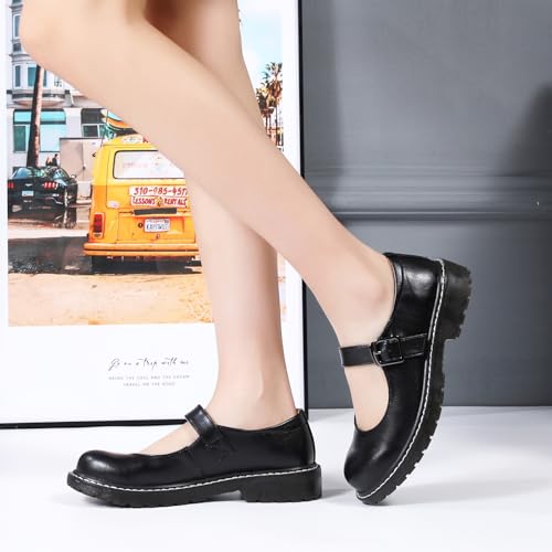XMM Mary Jane Shoes Women Oxford Shoes Leather Round Toe Flats Non-Slip Ankle Buckle Strap Comfort Casual Dressy Cosplay Party School Work Shoes Black US 7 angle 3