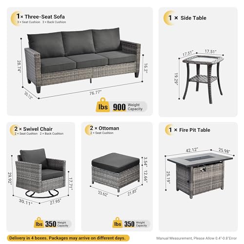 ovios 7 Pieces Patio Furniture Set with Rectangular Fire Pit Table, Swivel Rocking Chairs, Outdoor High Back Wicker Rattan Conversation Set for Deck Porch, Black