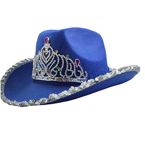 Ruluti Tiara Cowboy Hat Blue Cowgirl Hat Non Woven Blinking Rhinestone Crown Cap for Party Costume, 22-22.8in/56-58cm