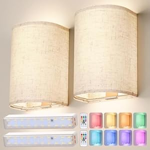 Battery Operated Wall Sconce: Wireless Wall Sconces Set of Two Magnetic Lamp Rechargeable Lights Dimmable with 16 RGB Colors Fabric Linen Shade with Remote Walls Decor for Bedroom Living Room