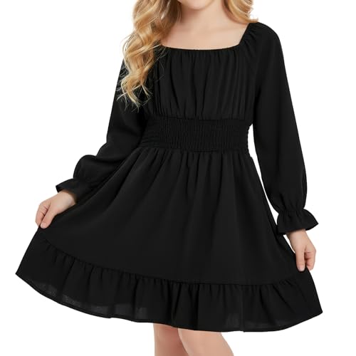 JiAmy Girls Dress Square Neck Long Sleeve A-Line Swing Dresses Kids Casual Elegant Birthday Party Princess Clothes for Girl 5-6 Years Black