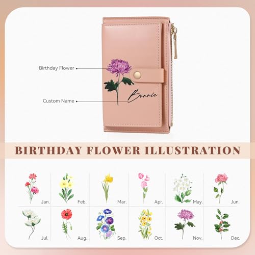 Personalized Gifts for Women Christmas Custom Birthflower Wallet for Mom Customizable Name Leather Wallet for Wife Her Mother's Day Birthday Gifts from Daughter Son Husband (Color 2)2