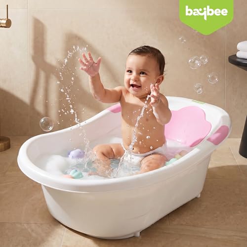 Image of Baybee Comfort Baby Bath Tub for 0 to 5 Years | Baby Bather & Bathtub with Anti-Slip Base & Quick Drains | Bath Tub for Kids with Soft Headrest & Compact Storage for Boys & Girls (Pink)