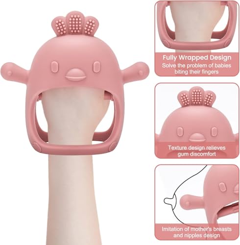 Image of UCRAVO Teething-Silicone-Teether 1 Pack Teething Toys for Baby, Chick Shape Baby Teething Toys, Food-Grade Silicone Mitten Teether for Soothing Teething Pain Relief, Boy Girl Gifts(Pitch)