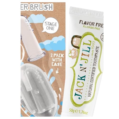 Image of Jack N' Jill Baby Silicone Finger Toothbrush, 1.76 fl oz Toothpaste | Flavor Free, Baby Toothbrush 6-12 Months, Infant Oral Care, Two Brushes Plus Case, Natural Toothpaste, No Artificial Dyes