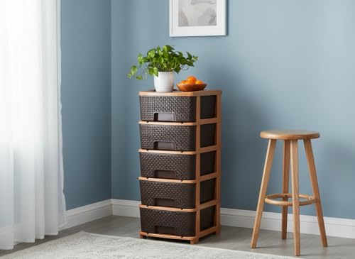 Image of Plastic Modular Drawer Storage Chest Of Drawers Organizer Storage Box, Large Stomo Racks For Multipurpose Anti-slip Shoes Organizers (Brown, 5 Layer)