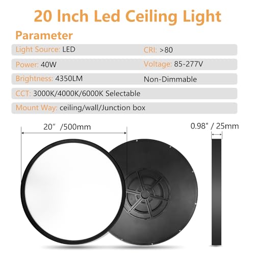 20 Inch LED Flush Mount Ceiling Light, 40W, 4350LM, 3000K/4000K/6000K CCT Selectable Super Slim Round Flat Panel Light for Living Room, Bedroom, Kitchen, Black by OFFIY - Used condition - Image 6