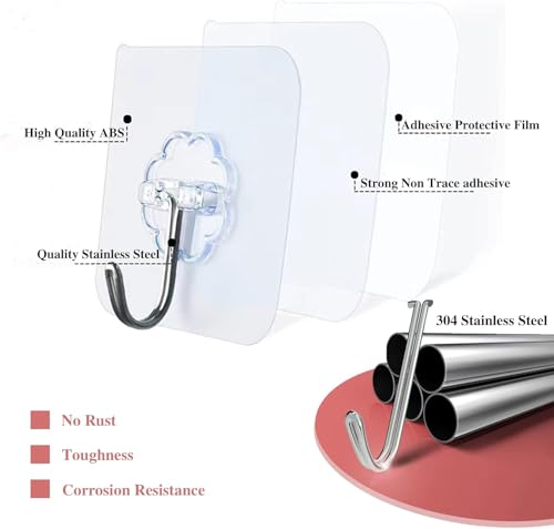 Image of CERLINK Self Adhesive Wall Hooks 30 Pack | Heavy Duty Transparent Sticky Hooks for Wall | No Drill, Waterproof, Strong Hold Hooks for Kitchen, Bathroom & Home (Pack of 30)