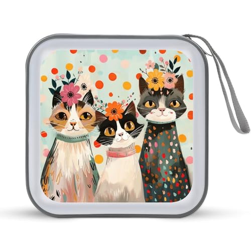 Rangement CD rigide motif floral rétro et chat pour maison et voyage