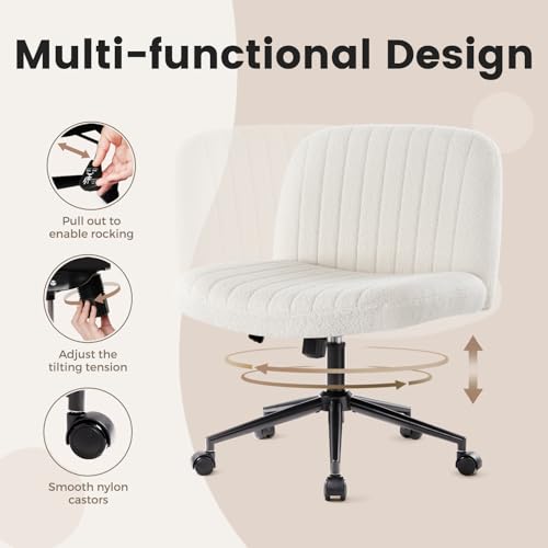 Image of IWMH Criss Cross Chair Cross Legged Office Chair with Wheels Armless Wide Seat Desk Chairs Height Adjustable Computer Task Chairs Swivel Vanity Chair for Home Office Bedroom Make Up Teddy Fabric White