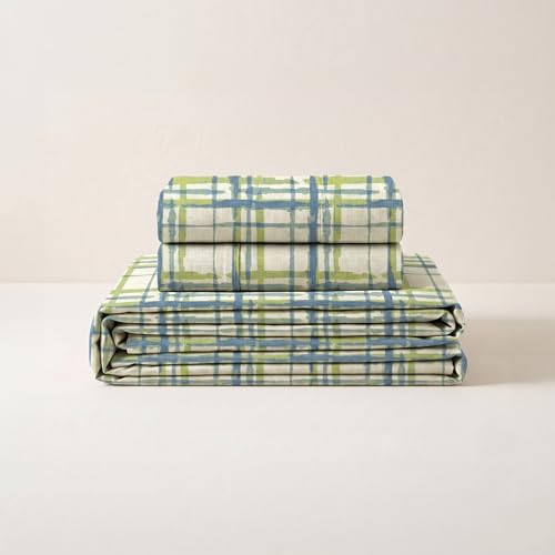Image of LANE LINEN Symphony | 100% Cotton Sheet Set | Soft & Breathable Fabric | 3 Piece (1 Bedsheet + 2 Pillow Covers) | Super King Bed Sheet Set - Zesty Blue Crosshatch