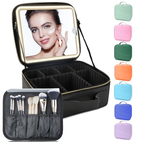 SUILU Makeup Bag with Led Mirror,Travel Makeup Organizer with 3 Color Setting, Portable Storage and...