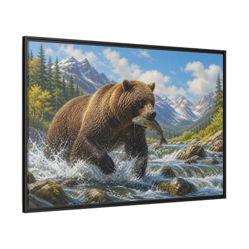 Décoration murale grizzly pêcheur grand format cadre noir 120x80 cm pour salon rustique