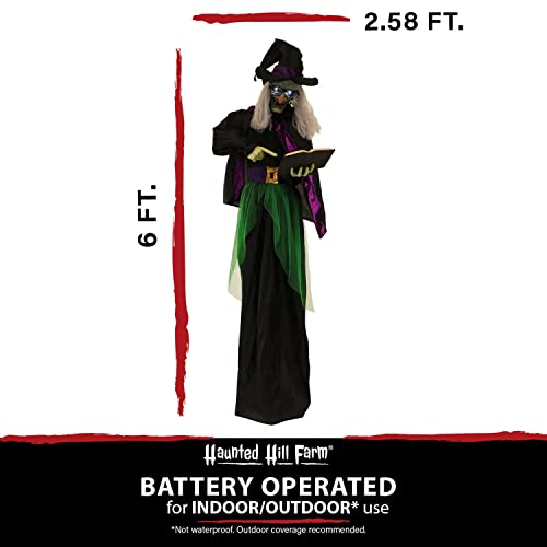 Haunted Hill Farm Life-Size Scary Talking Witch Holding Spell Book, Halloween Animatronic with Touch Activated Lights and Sound, Battery Operated Indoor or Covered Outdoor Halloween Decorations