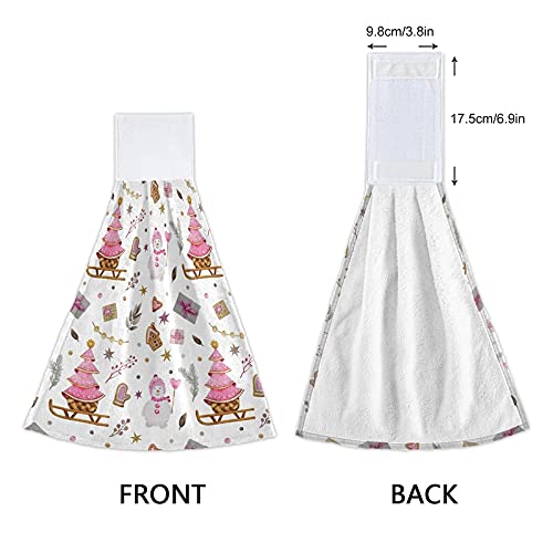 Ffyho Pink Winter Snowman Hanging Kitchen Towel With Loop 2 Pack Christmas Xmas Hand Towels Soft Microfiber Coral Velvet Tie Towel Decor For Bathroom Oven Absorbent Washcloth #TOP1