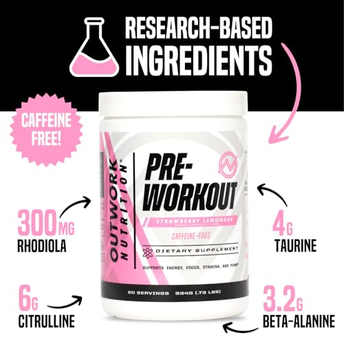 Image of Outwork Nutrition Non-Stim Pre Workout Powder - Citrulline Malate, Beta-Alanine, Rhodiola Extract for Performance, Focus & Energy Boost - Preworkout for Men, Women (Caffeine Free, Strawberry Lemonade)