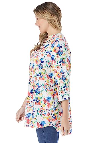 Woman Within Women's Plus Size Three-Quarter Sleeve Tab-Front Tunic - L, Black Multi Batik #TOP4