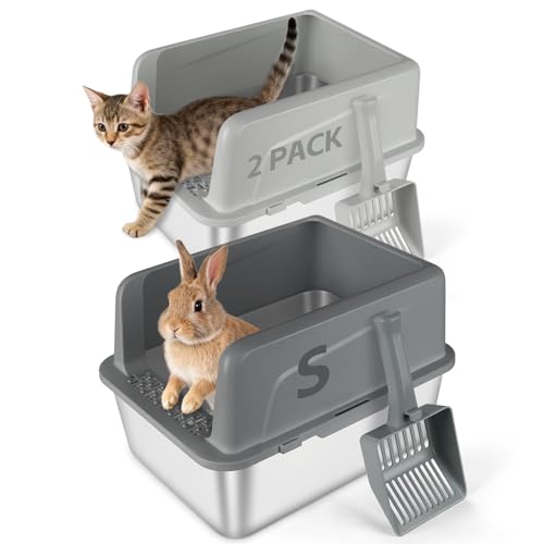 2 Pack Kitty Stainless Steel Litter Box, Large Rabbit Litter Box with Scoop, Small Animal Toilet for Kitten, Rabbit, Guinea Pigs, Hamster(Dark Grey & Light Grey)