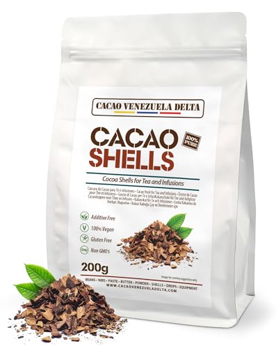 Cacao V Delta Cascarilla de Cacao Natural 200g - Té de Cáscara Pura Premium Vegano, No GMO, Sin Alérgenos, Sin Gluten, Antioxidante, Sin Azúcar, Flavonoides - Infusión de Chocolate