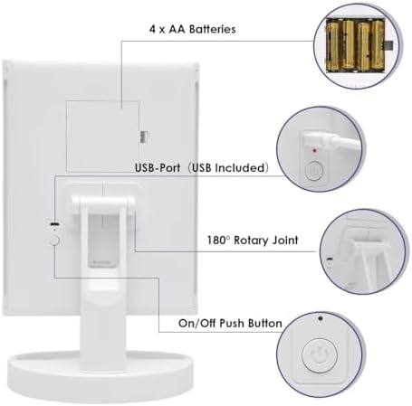 Auxmir Lustro do makijażu z powiększeniem 1X/5X/10X, potrójne lusterko z 34 diodami LED i ekranem dotykowym, obrotowe lusterko powiększające 180° z funkcją automatycznego, podwójne zasilanie