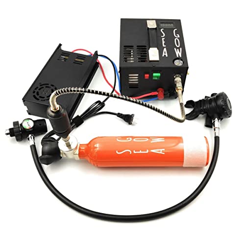 Seagow Paquete de compresores de 12/220 voltios + Mini Botella de Buceo + boya 300