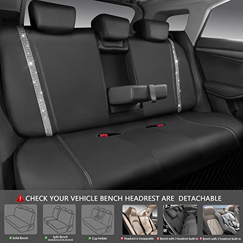 Image of CAR PASS Bling Diamond Car Seat Covers Full Set, Shining Rhinestone Waterproof Faux Leather, Rear with Zipper, Universal Fit Automotive Glitter Crystal Sparkle Strips for Cute Women Girl, Silver