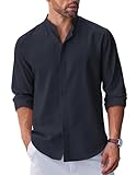 COOFANDY Men's Casual Button Down Shirt Collarless Dress Shirt Long Sleeve Oxford Shirts Navy Blue