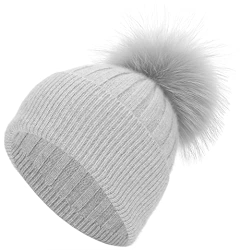 Grey Pom Pom Beanie Hat for Women Winter Cuff Ribbed Knit Cuffed Beanie Skull Cap Hat with Grey Real Fur Pom Pom Beanie Knit Ski Hat