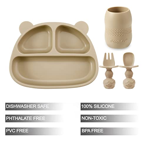 Pandaear Silicone Suction Plate With Tiny Sippy Cup And Spoon Fork For Self-Feeding, Divided Baby Toddler Plate With Suction, 100% Silicone Baby Food Plate, Bpa Free, Dishwasher Microwave Safe #TOP1