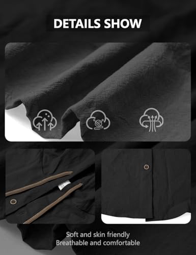 QOSOQ Mens Cotton Linen Button Down Hoodies Long Sleeve Casual Hoodies Hawaiian Beach Top Lightweight Fashion Shirts Black