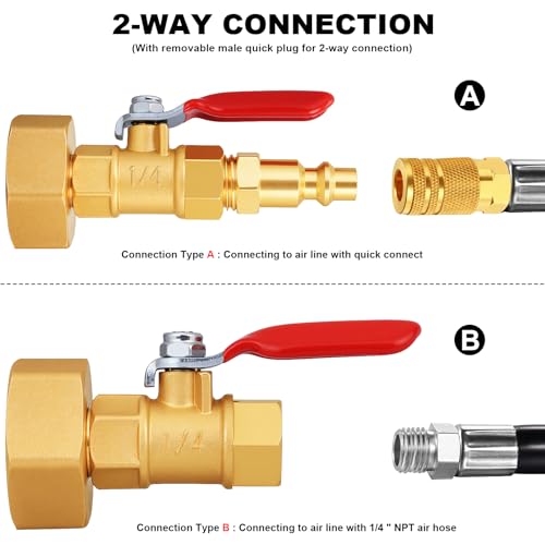 Image of SIGURANTA RV Winterize /Winterization Blowout Adapter - Brass with Ball Valve, 1 /4 inch Male Quick Connect to 3 /4 inch Female GHT Garden Hose Thread