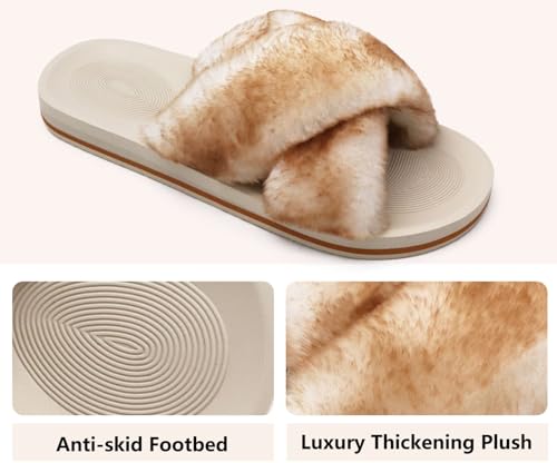 Image of COFACE Womens Fuzzy Slides Fluff Faux Fur Cross Slippers Open Toe Yoga Mat House Slipper Sandals With Arch Support For Indoor /Outdoor