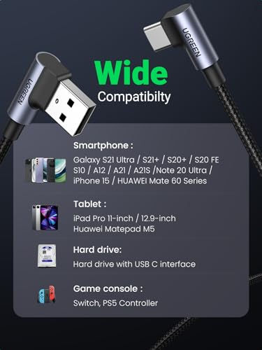 Image of UGREEN USB to USB C Cable 90 Degree USB C Fast Charging Cord Compatible with iPhone 16 /16 Plus /16 Pro /16 Pro Max /15 /Samsung Galaxy S10 /S10+ /Pixel 7 /6a /LG G8 /G7 /Pixel /Switch, 3.3FT