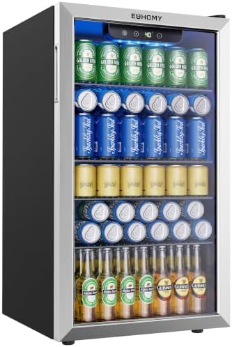 EUHOMY 130-Can Beverage Refrigerator, Silver finish, with glass door