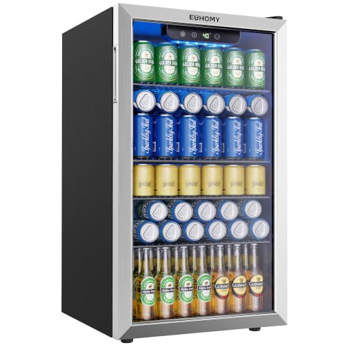 Image of EUHOMY Mini Fridge 130 Can Beverage Refrigerator Cooler Glass Door for Soda Wine Beer, Beverage Cooler for Home, Bar, Office with Digital Temperature Control Removable Shelves, 3.2 Cu.Ft, Silver