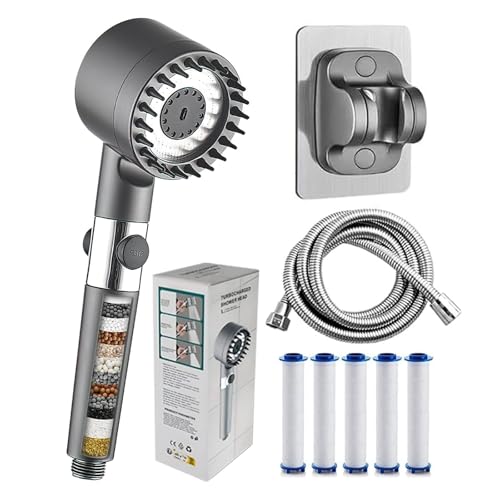 Ion Drops Filtered Shower Head, High Pressure Boosting Filter Handheld Shower Heads for Hard Water with 1.5m Hose, 5 Filters and Holder - Universal Powerful 4 Mode Iondrops Shower Head by Caiyungui - Used condition - CA$20.30