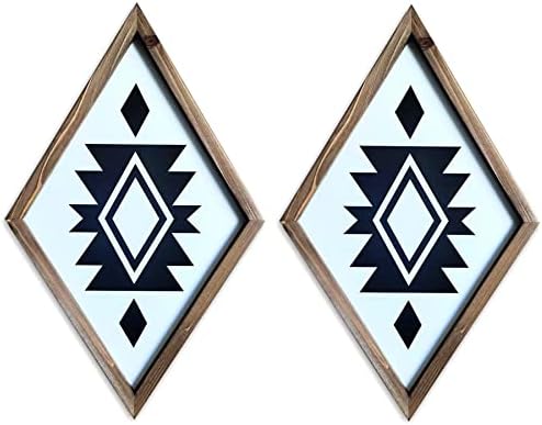 Modern Farmhouse Aztec Wall Decor Boho Framed Diamond Wood Geometric Black And White Wall Art Vintage Southwestern Office Decor Rustic Home Kitchen Shelf Bedroom Signs (white, diamond 2 pcs)