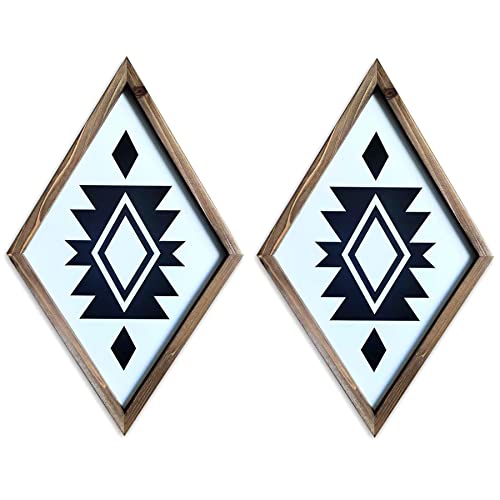 Modern Farmhouse Aztec Wall Decor Boho Framed Diamond Wood Geometric Black And White Wall Art Vintage Southwestern Office Decor Rustic Home Kitchen Shelf Bedroom Signs (White, Diamond 2 Pcs) #TOP25