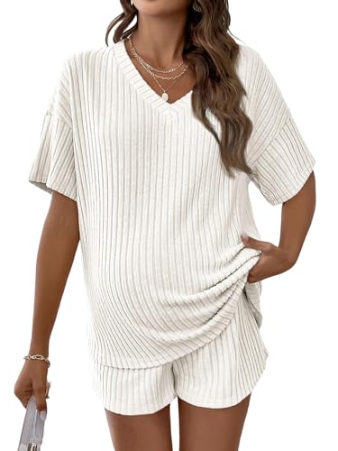 Image of MakeMeChic Women's Maternity 2 Piece Outfits Summer Short Sleeve Rib Knit Tee Top and Short Lounge Sets Clothes