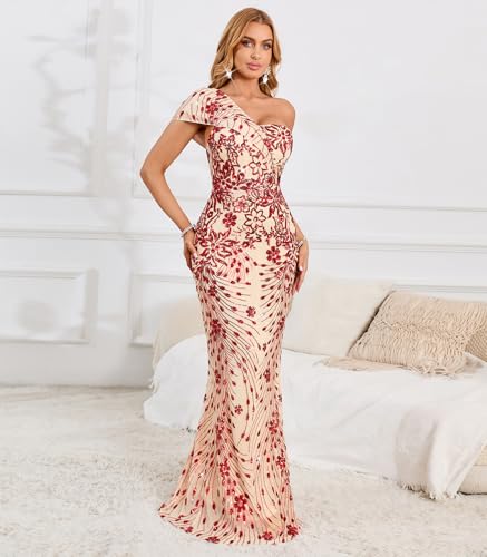 Image of Cololura Women Sexy Sequin One Shoulder Mermaid Formal Party Cocktail Gowns Bodycon Evening Maxi Dress