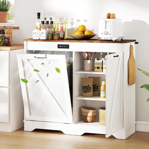 Lamtor Tilt-Out Trash Can Cabinet - Double Garbage Can Cabinet with Deodorizer for Kitchen, Hidden Trash Bin Storage with Power Outlet & Adjustable Shelf, Pet-Proof, Anti-Punch, White