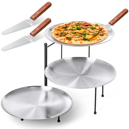 Teenyyou 7 Pcs Pizza Pan Riser Stands Sets Includes 1 Pcs Tiered Tray Stand 3 Stainless Steel Pizza Pan and 3 Wood Handle Knife for Home, Restaurant Party