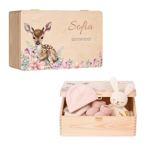 Maverton Scatola Ricordi Neonato o Neonata Personalizzata - Scatola Regalo per Bambini in Legno di Pino Naturale - Regalo Battesimo Bimbo o Bimba - Porta Oggetti per Ricordi Nascita